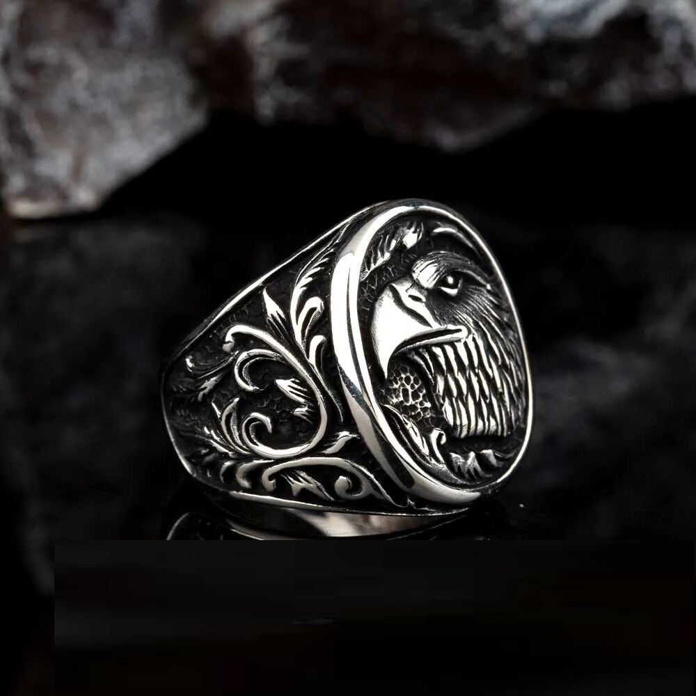 Oxidized Eagle Head Oval Silver Ring