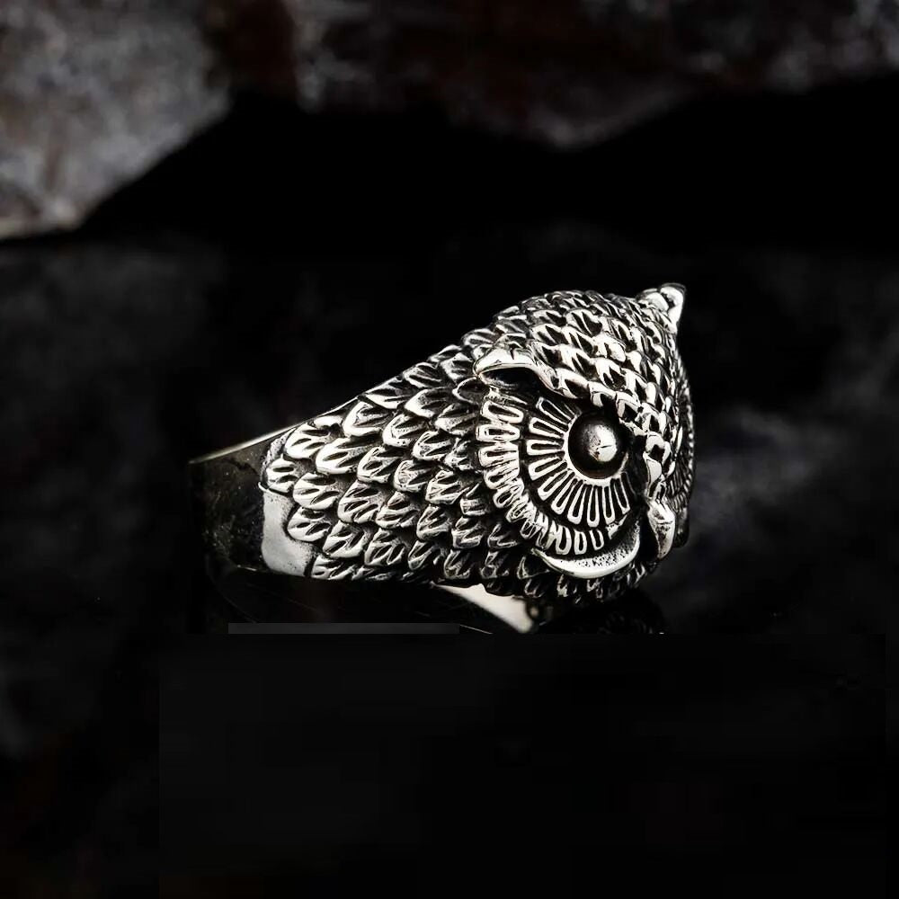 Oxidized Owl Head Silver Ring