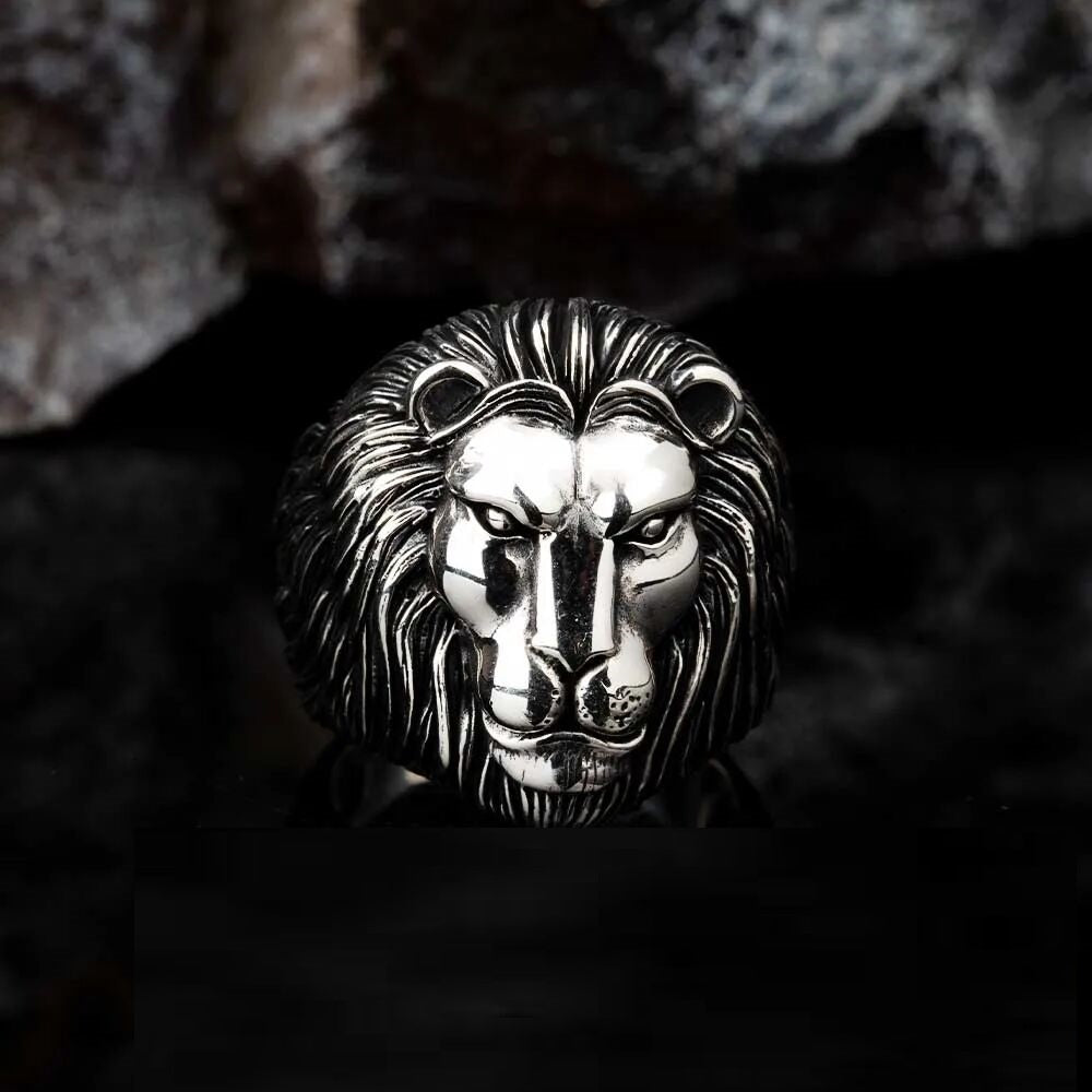 Lion Head Figure Silver Men Ring