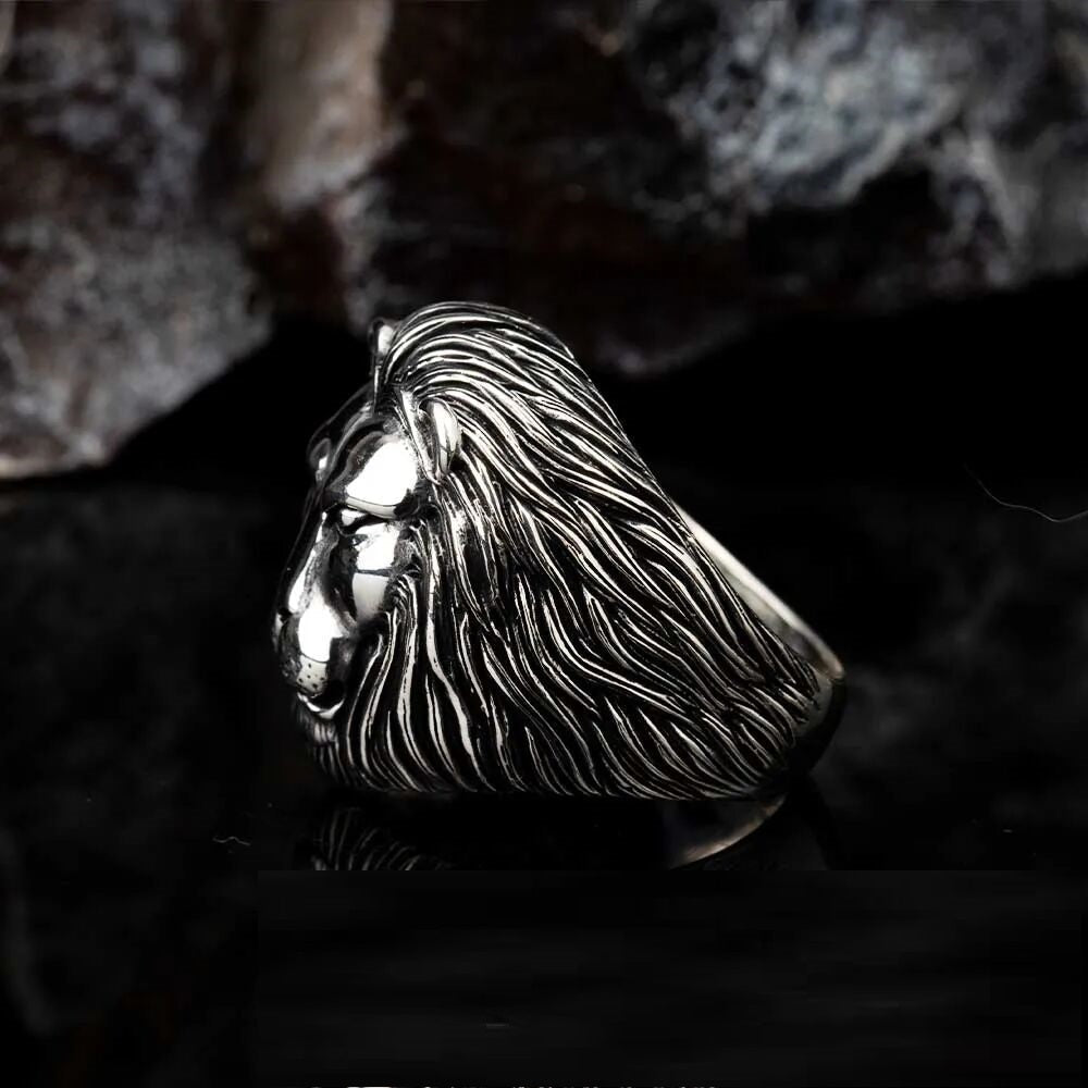 Lion Head Figure Silver Men Ring
