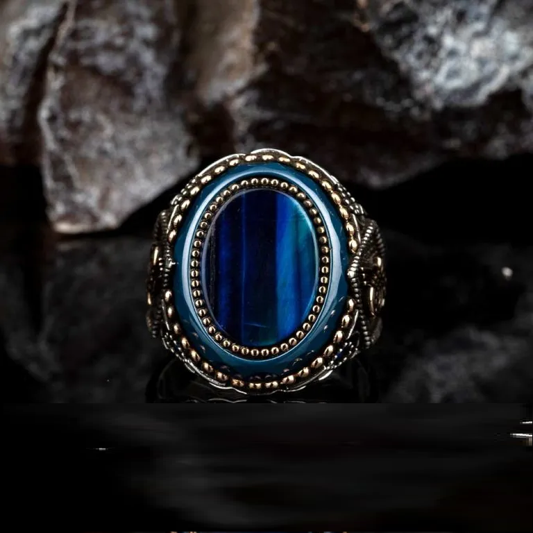 Oval Blue Tiger’s Eye Silver Ring With Tughra