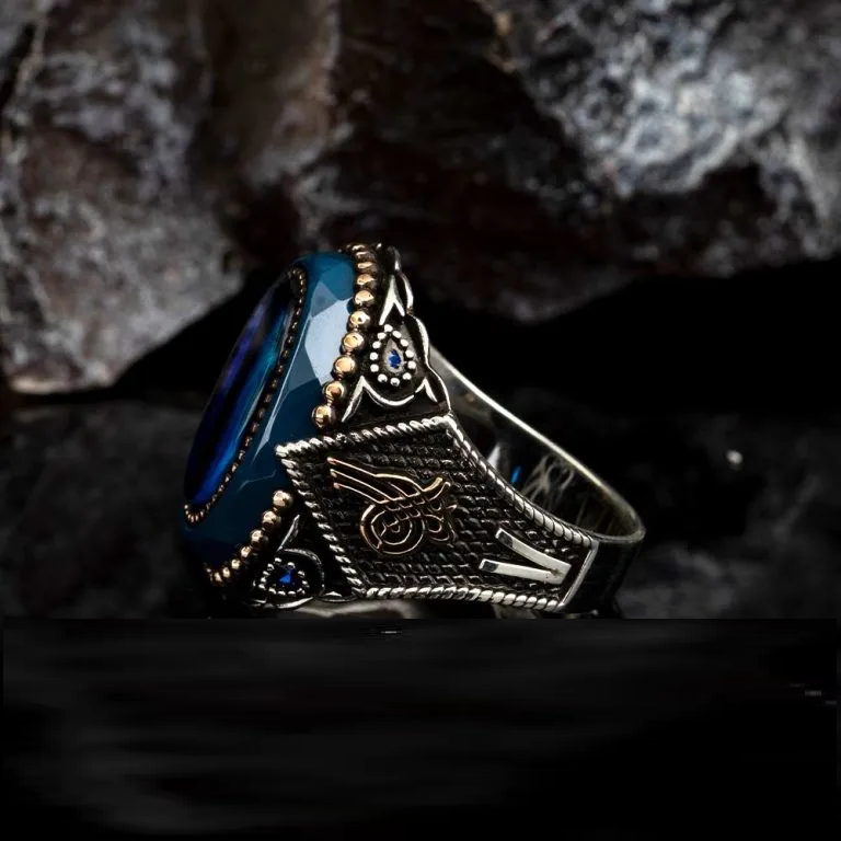 Oval Blue Tiger’s Eye Silver Ring With Tughra