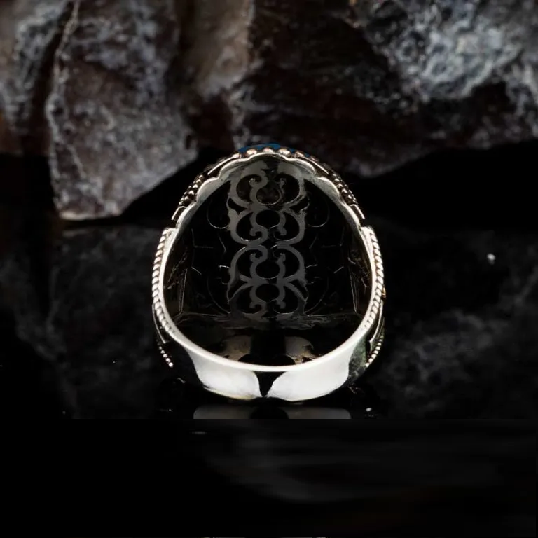 Oval Blue Tiger’s Eye Silver Ring With Tughra