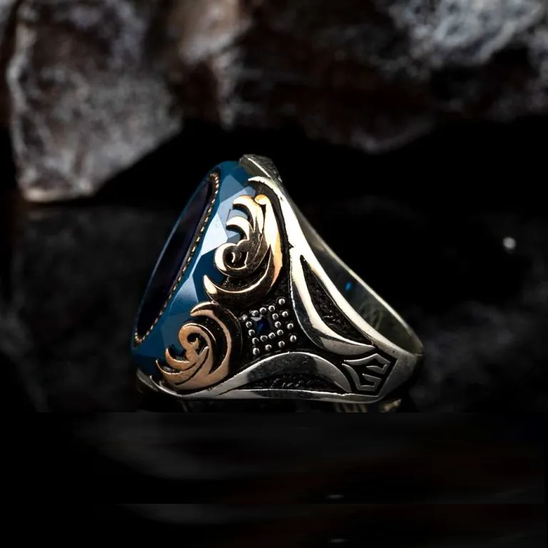 Oval Blue Tiger’s Eye Ornamented Silver Ring