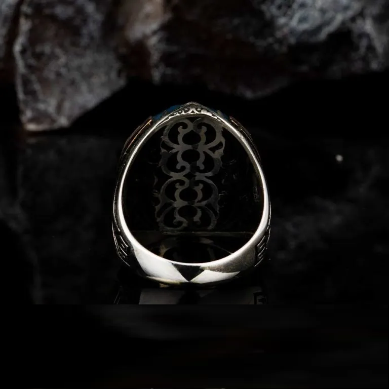 Oval Blue Tiger’s Eye Ornamented Silver Ring