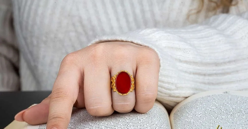 Red Yemeni Aqeeq D Shape Handcraft Women Ring