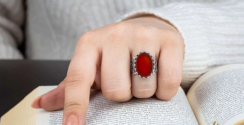 Red Yemeni Aqeeq D Shape Handcraft Women Ring