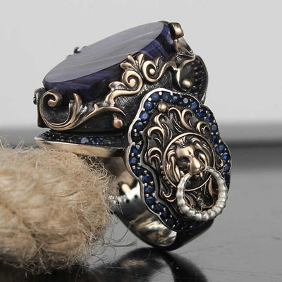 925 Sterling Silver Clear Amber and Sapphire Stone Lion Mens Ring