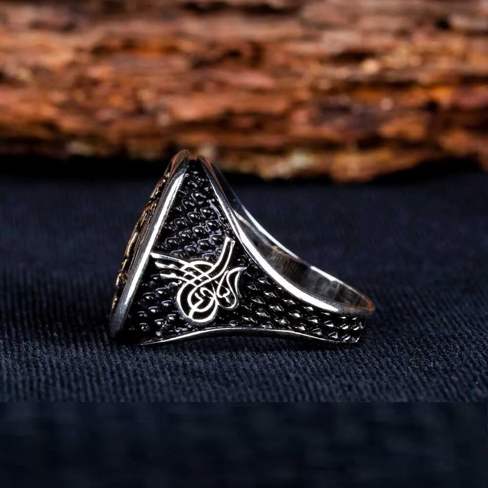 Double Headed Eagle Rectangle Ring With Tughra Sides