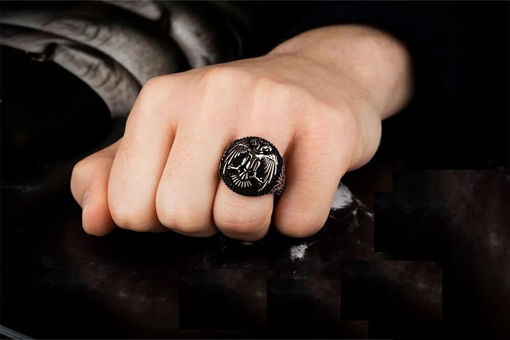 Stoneless Double Headed Eagle Oval Silver Ring