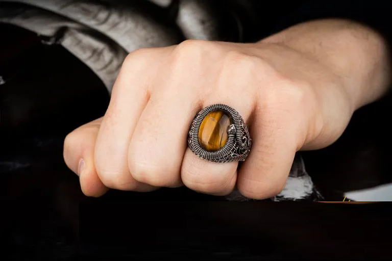 Brown Tiger’s Eye Zircon Detailed Ring With Snake Figure