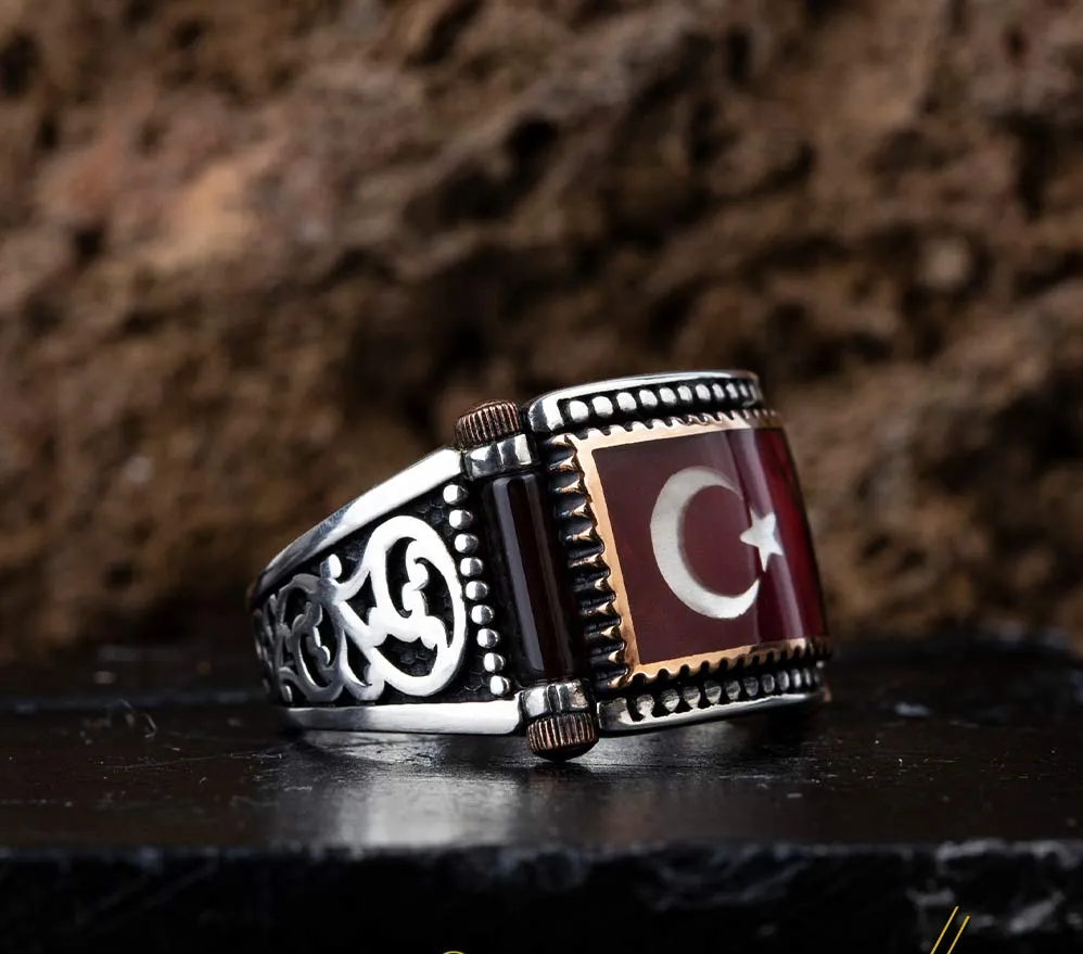 Crescent Star Red Mina Rectangle Cut Silver Ring No1