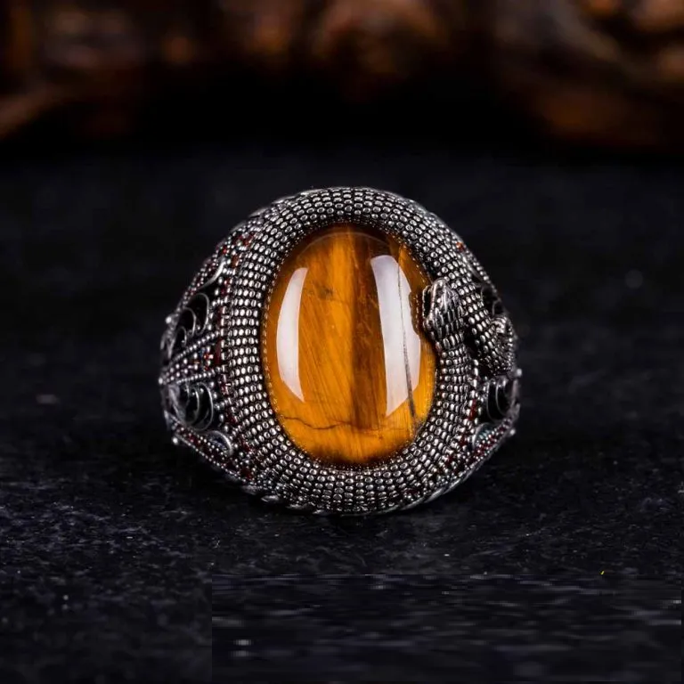 Brown Tiger’s Eye Zircon Detailed Ring With Snake Figure