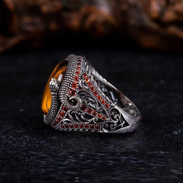 Brown Tiger’s Eye Zircon Detailed Ring With Snake Figure