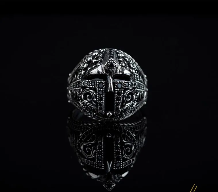 Warrior Helmet Black Zircon Pieces Exclusive Silver Ring