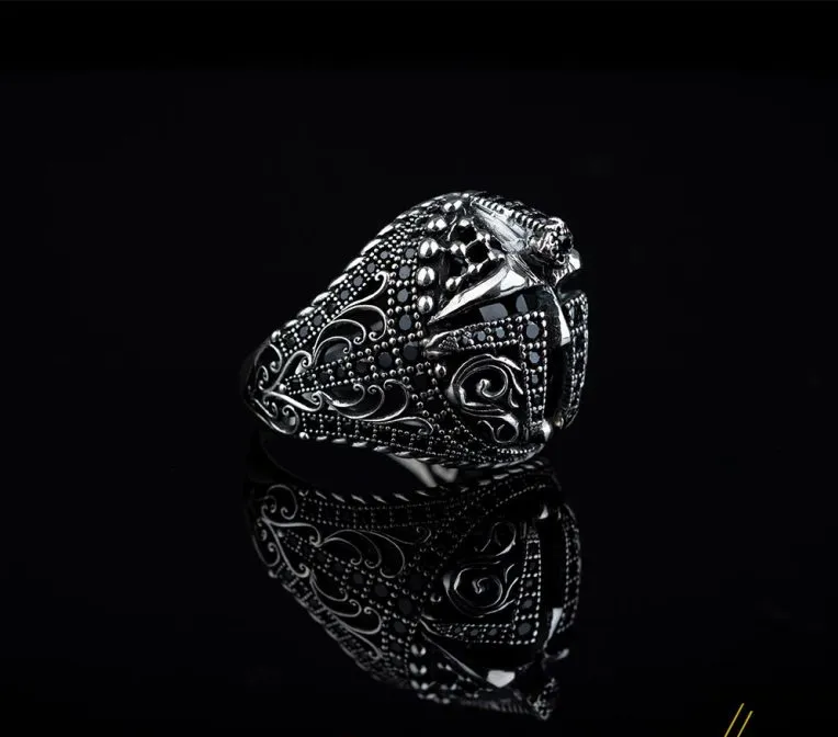 Warrior Helmet Black Zircon Pieces Exclusive Silver Ring