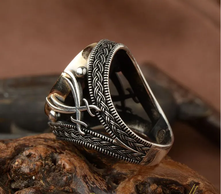 Red Zircon Stone Silver Ring with Double Swords Figure