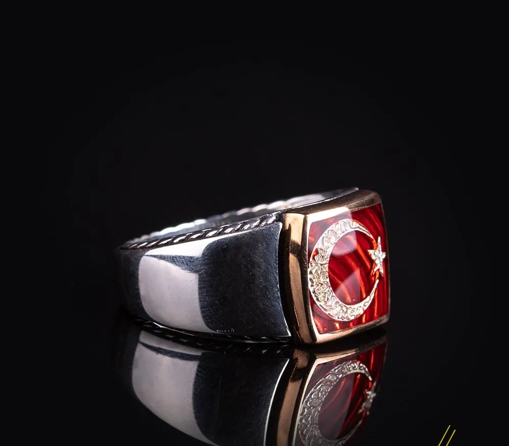 Crescent Star Red Enamel Silver Ring