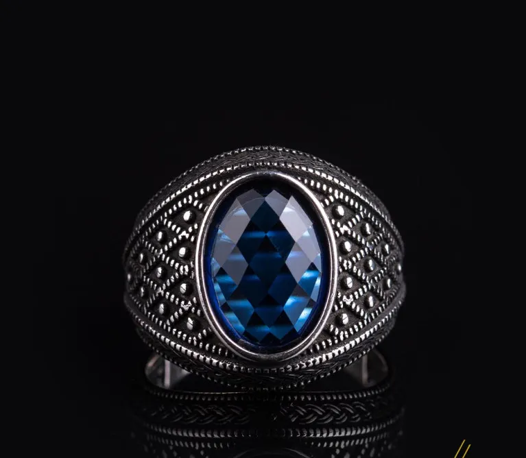 Micro Detailed Faceted Cut Blue Zircon Silver Ring