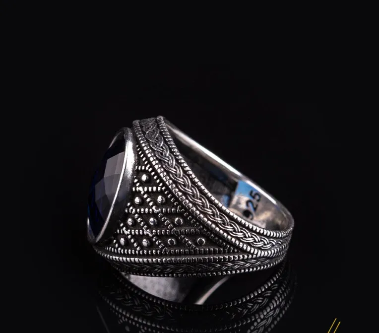 Micro Detailed Faceted Cut Blue Zircon Silver Ring