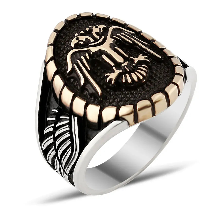 Double Hawk Silver Men Ring