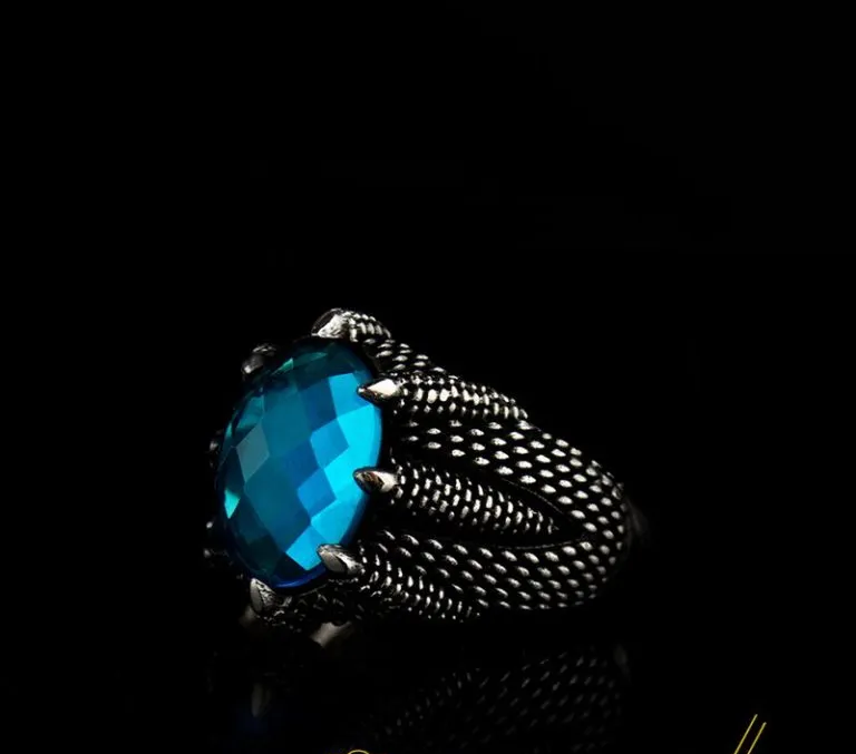 Claw Of Falcon Aqua Blue Zircon Silver Ring
