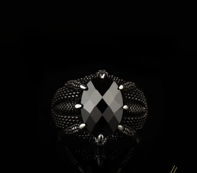 Claw Of Falcon Black Zircon Silver Ring