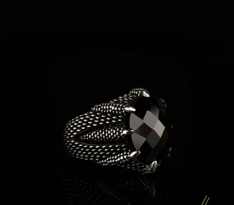 Claw Of Falcon Black Zircon Silver Ring