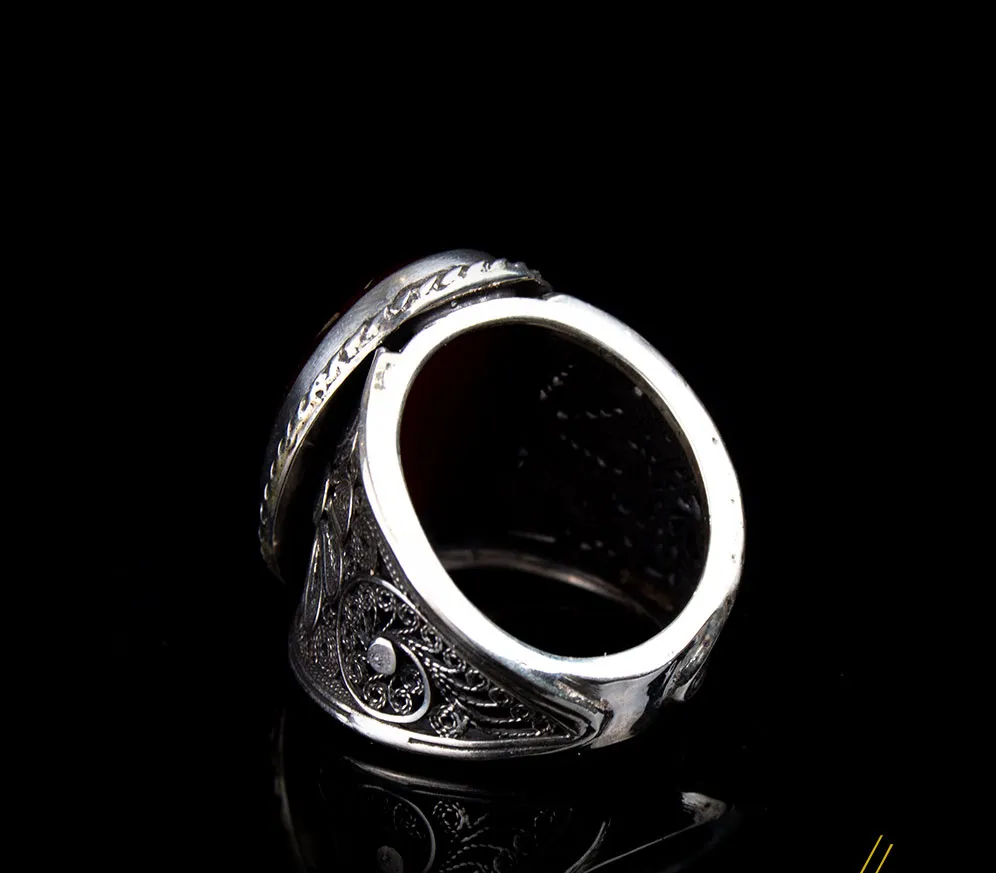 Filigree Basmala Islamic D Shape Red Aqeeq Ring