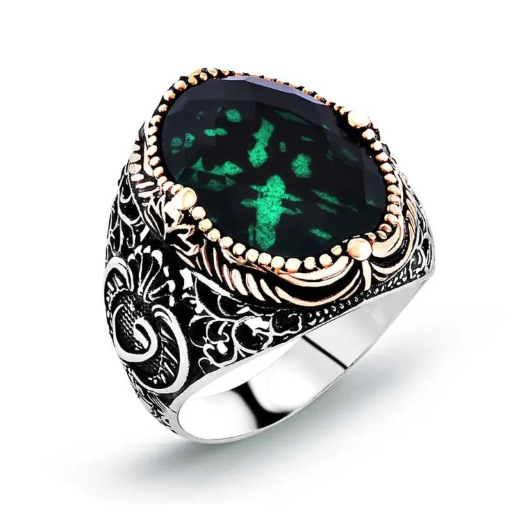 Green Zircon Classic Silver Men Ring