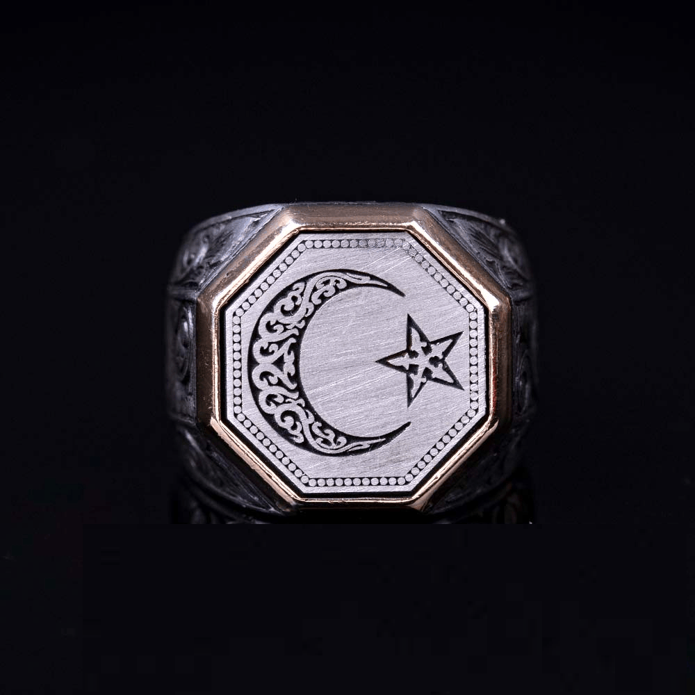 Crescent Star Hand Engraved Exclusive Silver Ring