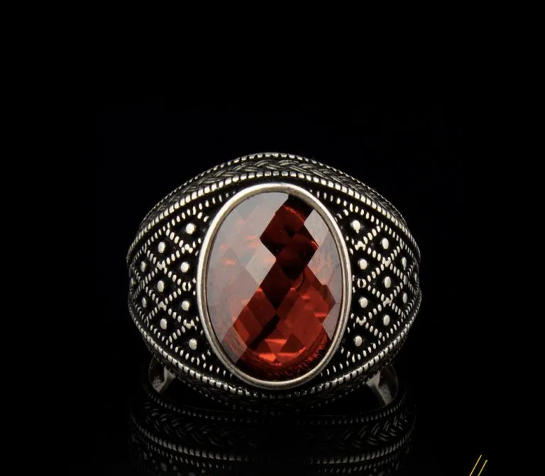 Micro Detailed Faceted Cut Red Zircon Silver Ring