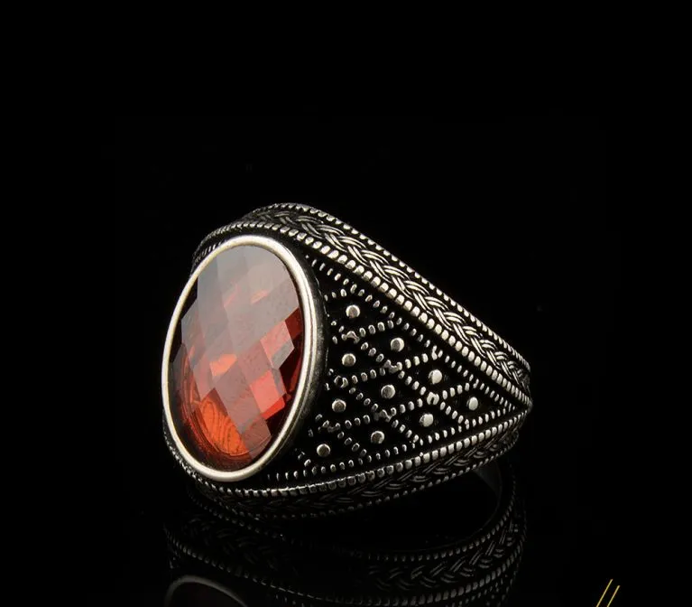 Micro Detailed Faceted Cut Red Zircon Silver Ring