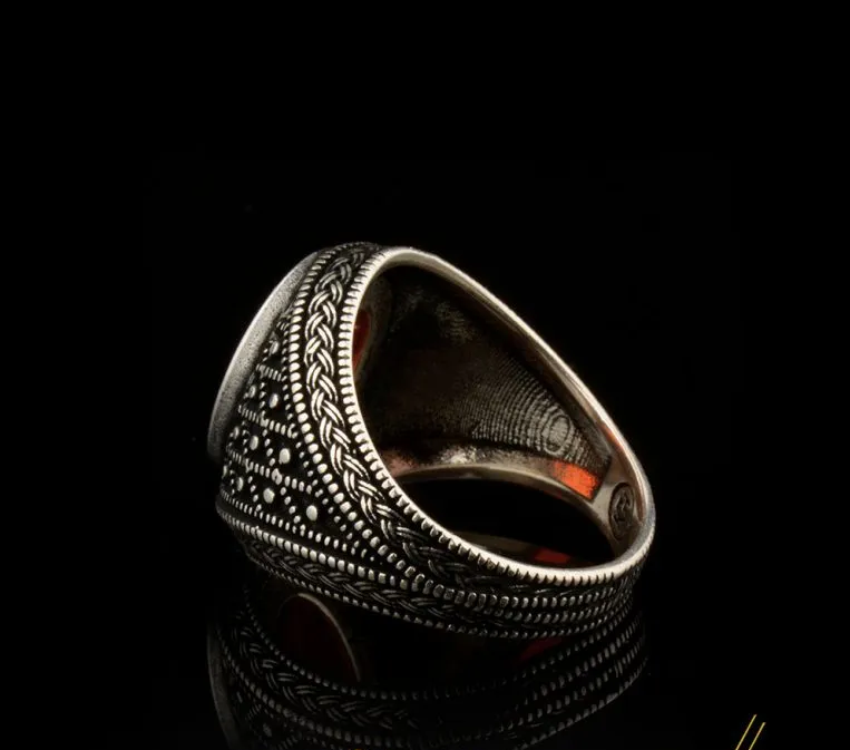 Micro Detailed Faceted Cut Red Zircon Silver Ring