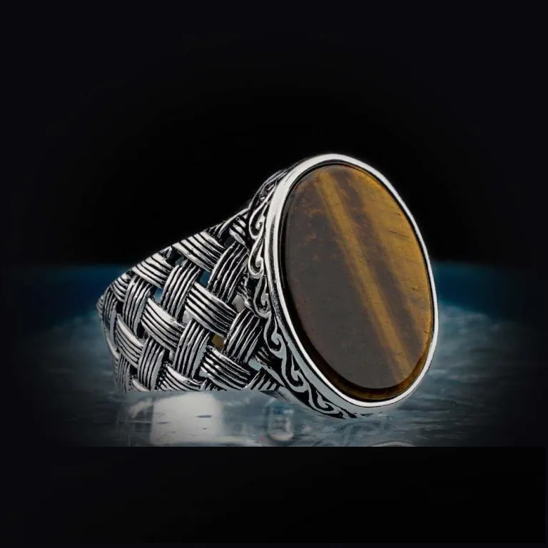 Oval Tiger’s Eye Knitted Silver Men Ring
