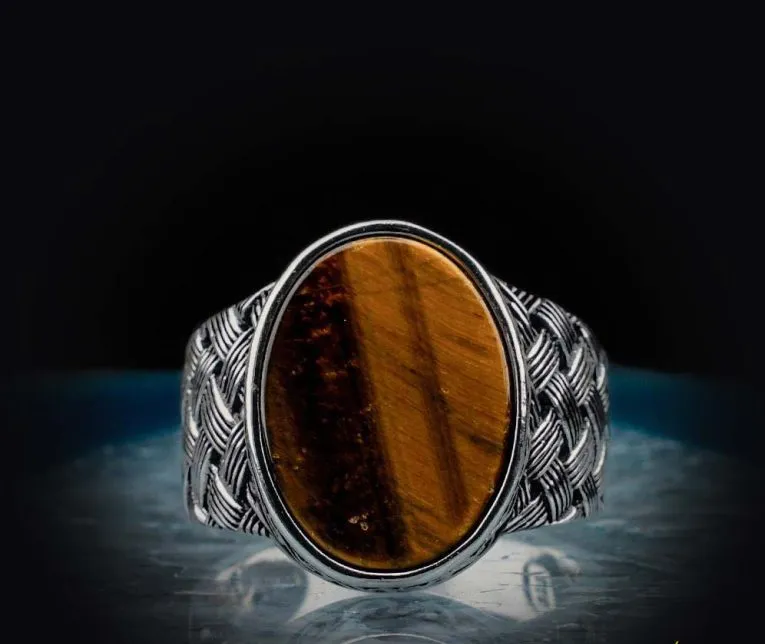 Oval Tiger’s Eye Knitted Silver Men Ring