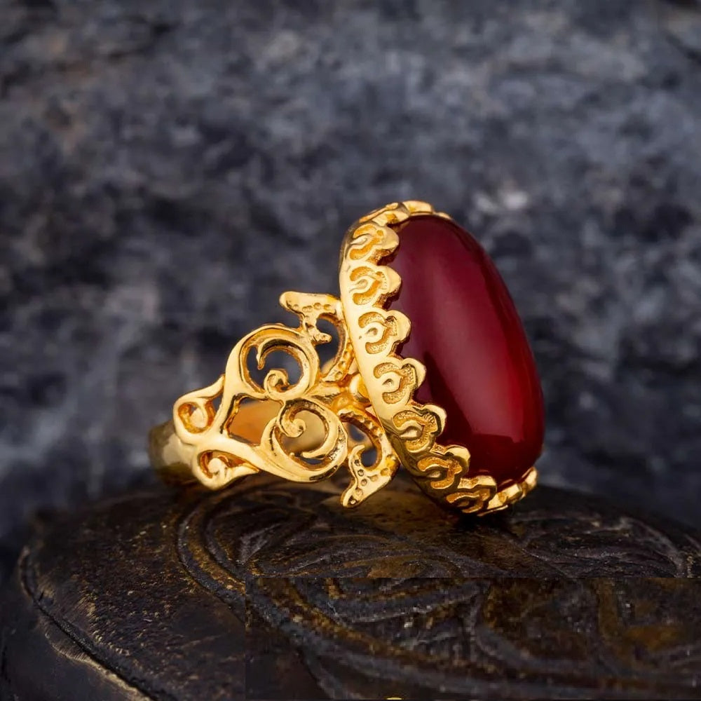 Red Yemeni Aqeeq D Shape Handcraft Women Ring