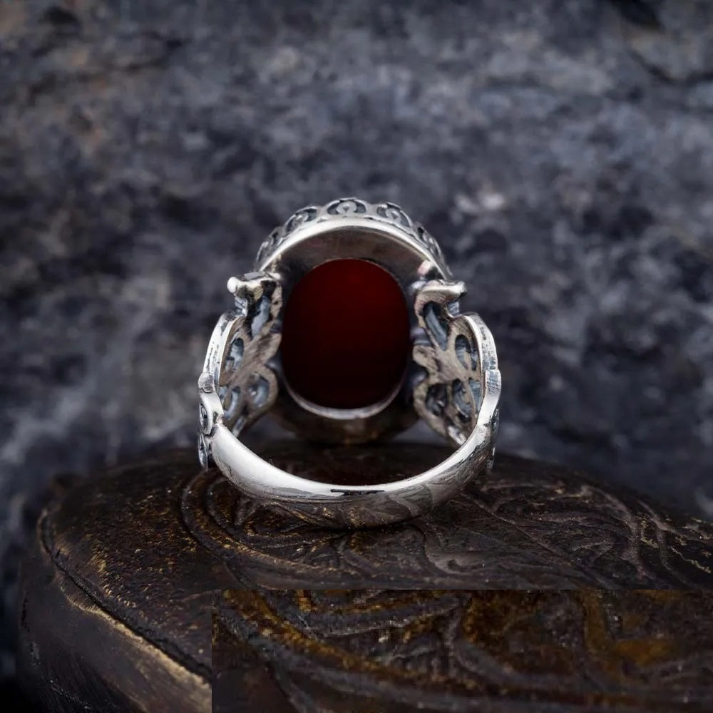 Red Yemeni Aqeeq D Shape Handcraft Women Ring