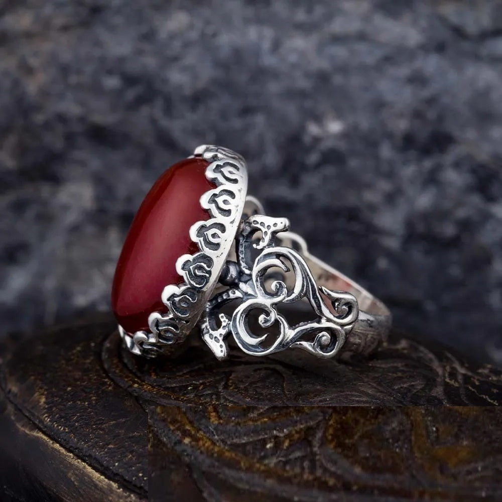 Red Yemeni Aqeeq D Shape Handcraft Women Ring