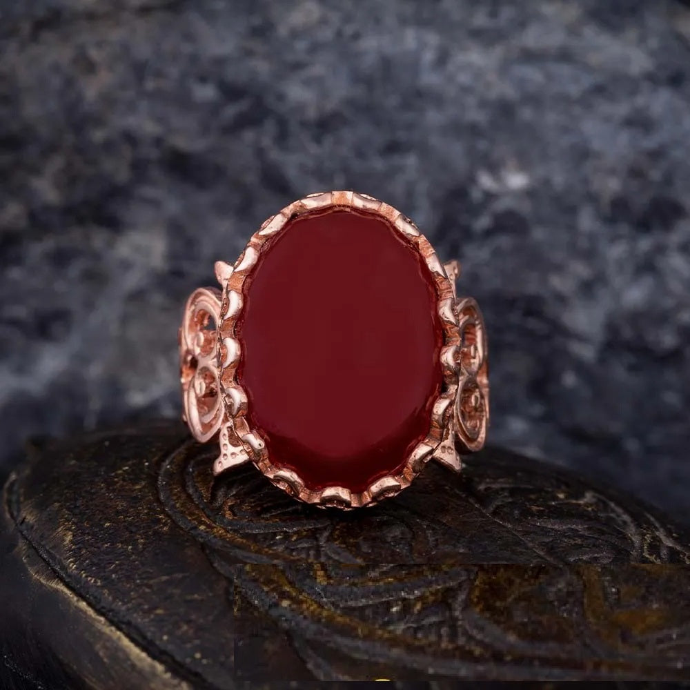 Red Yemeni Aqeeq D Shape Handcraft Women Ring