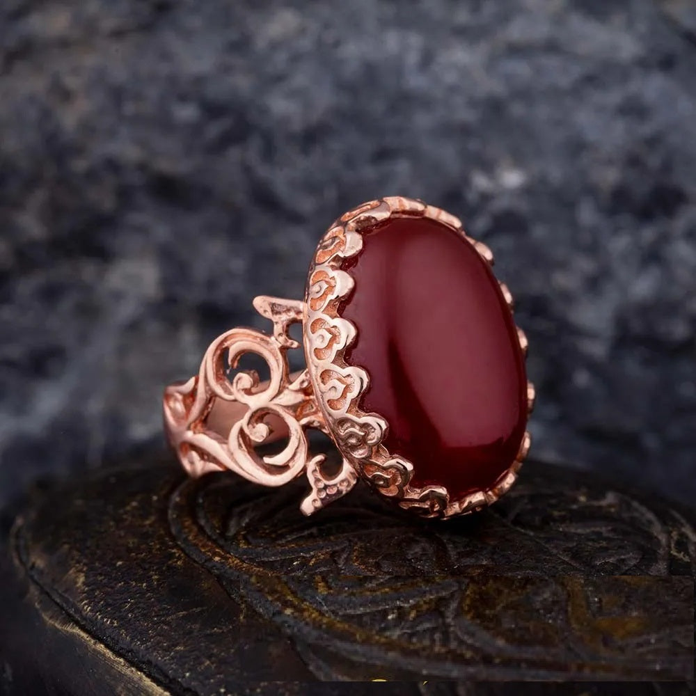 Red Yemeni Aqeeq D Shape Handcraft Women Ring
