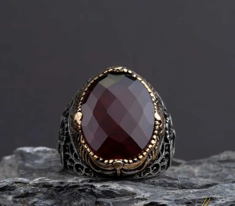 Red Zircon Classic Silver Men Ring
