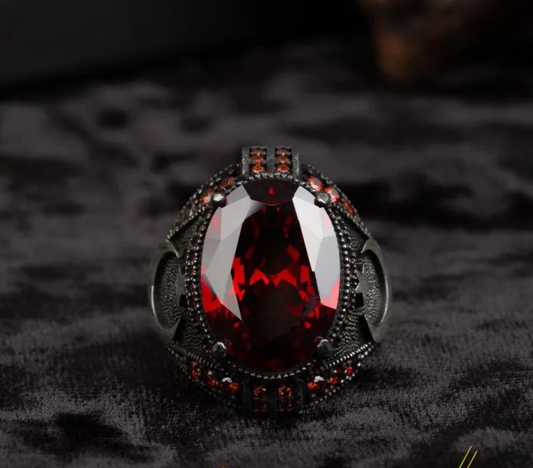 Red Zircon Men Ring With Crescent Star