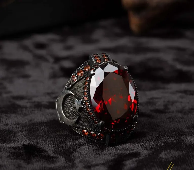 Red Zircon Men Ring With Crescent Star