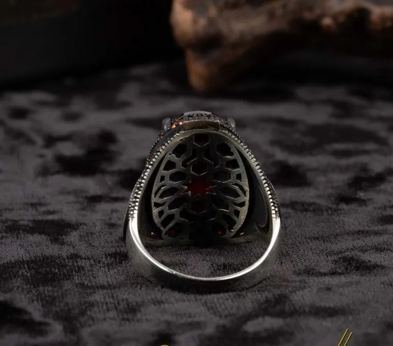 Red Zircon Men Ring With Crescent Star