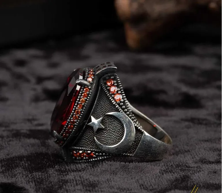 Red Zircon Men Ring With Crescent Star