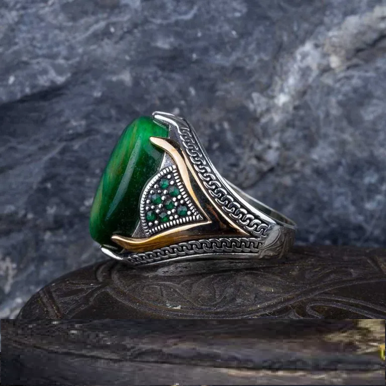 Rectangle Tiger’s Eye Knitted Silver Men Ring