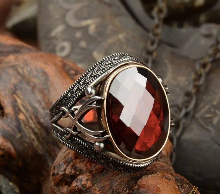 Red Zircon Stone Silver Ring with Double Swords Figure