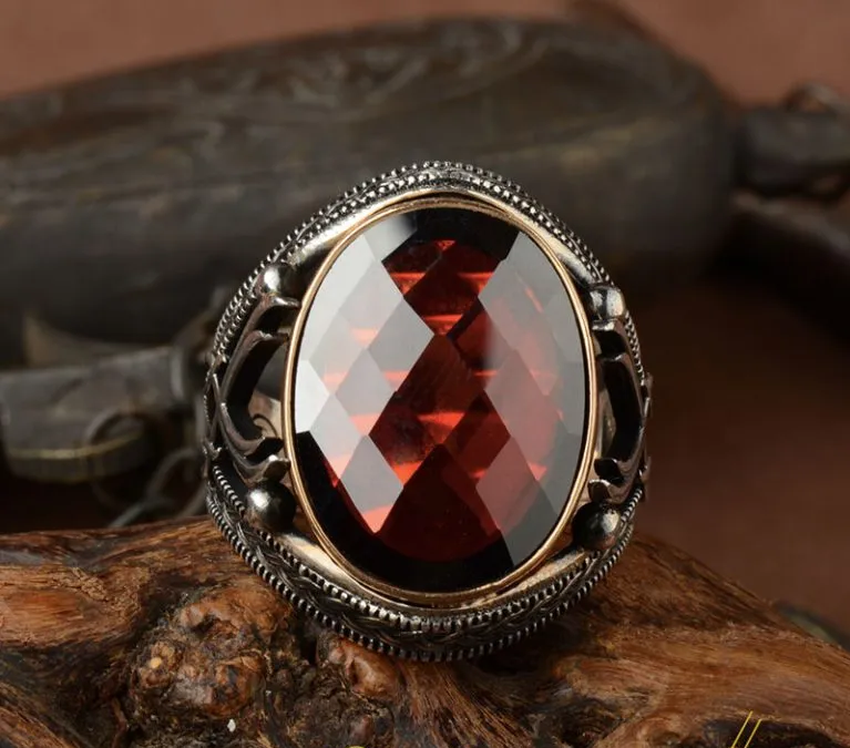 Red Zircon Stone Silver Ring with Double Swords Figure