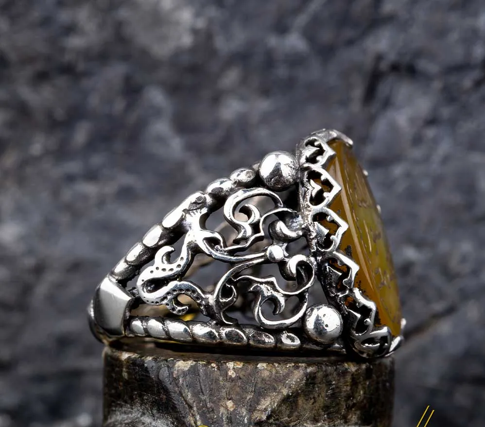 Seal Of Prophet Mohammad Yellow Aqeeq Ring